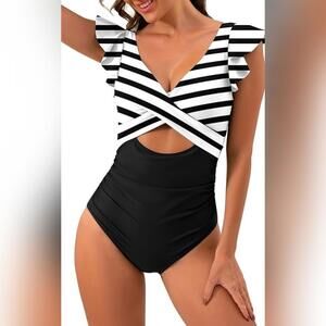 NWT B2prity One Piece Cutout Slimming V Neck Wrap Swimsuit, Large (12-14)